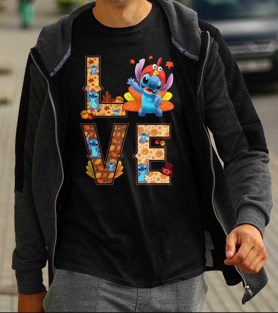 Love Stitch Thanksgiving Autumn Leaves Pumpkins Turkey Hat T-Shirt