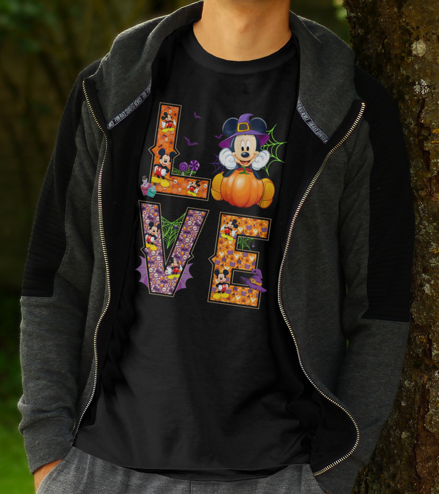 Mickey Love Halloween Pumpkin Witch Hat Spooky Theme T-Shirt