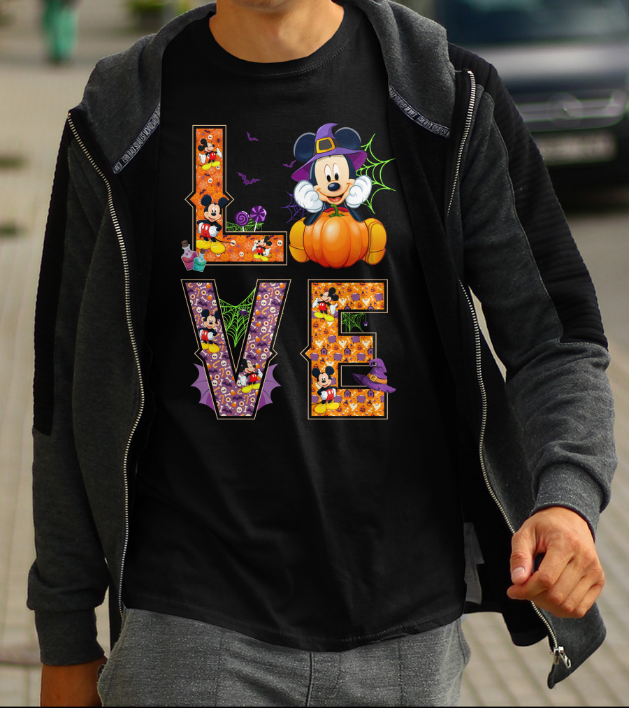 Mickey Love Halloween Pumpkin Witch Hat Spooky Theme T-Shirt