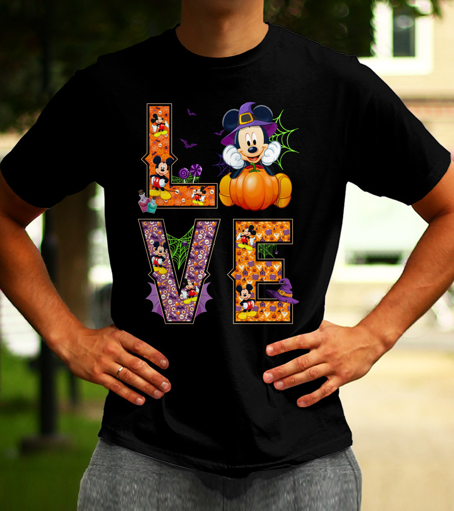 Mickey Love Halloween Pumpkin Witch Hat Spooky Theme T-Shirt