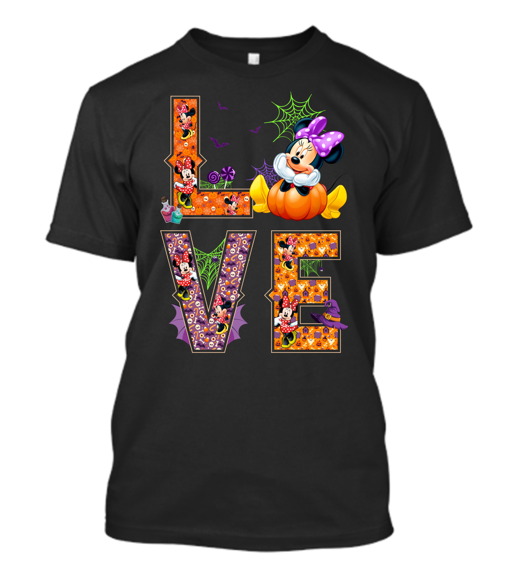 Love Minnie Halloween Pumpkin Bats Spiderwebs Bow T-Shirt