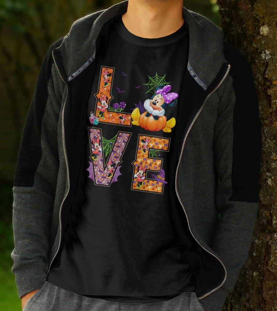 Love Minnie Halloween Pumpkin Bats Spiderwebs Bow T-Shirt