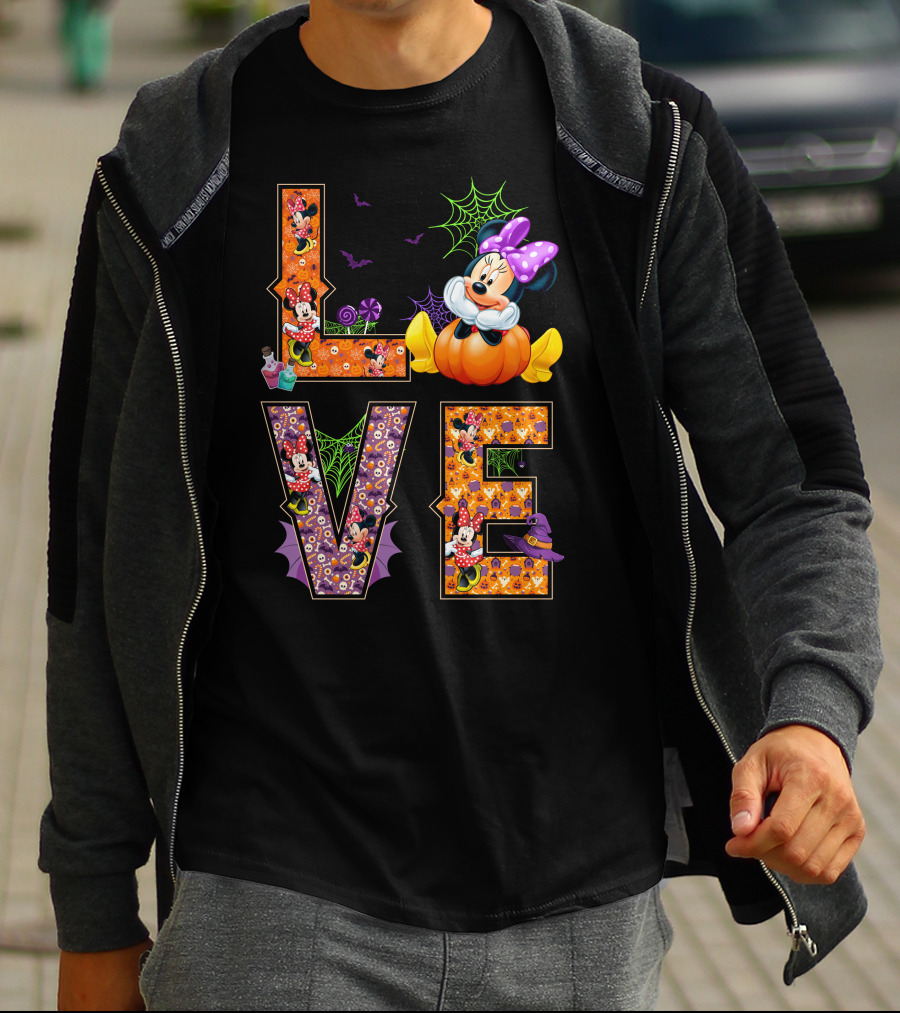 Love Minnie Halloween Pumpkin Bats Spiderwebs Bow T-Shirt