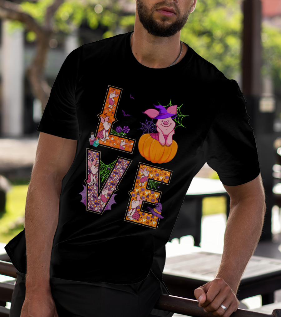 Love Piglet Halloween Pumpkin Bat Spiderwebs T-Shirt
