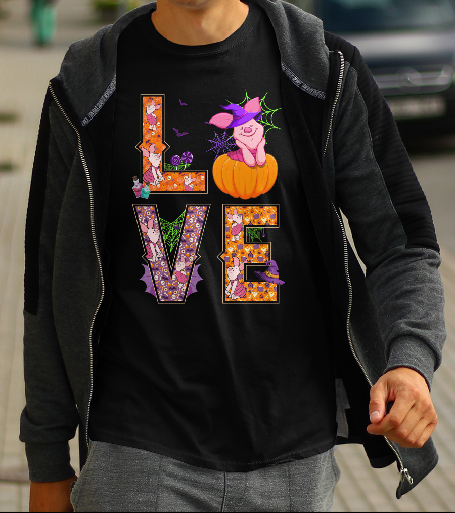 Love Piglet Halloween Pumpkin Bat Spiderwebs T-Shirt