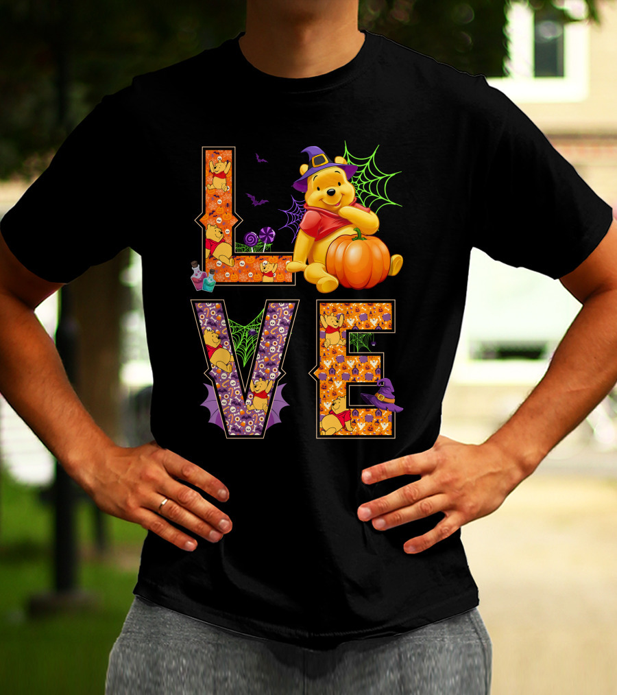 Pooh Halloween Love With Pumpkins And Spider Webs T-Shirt