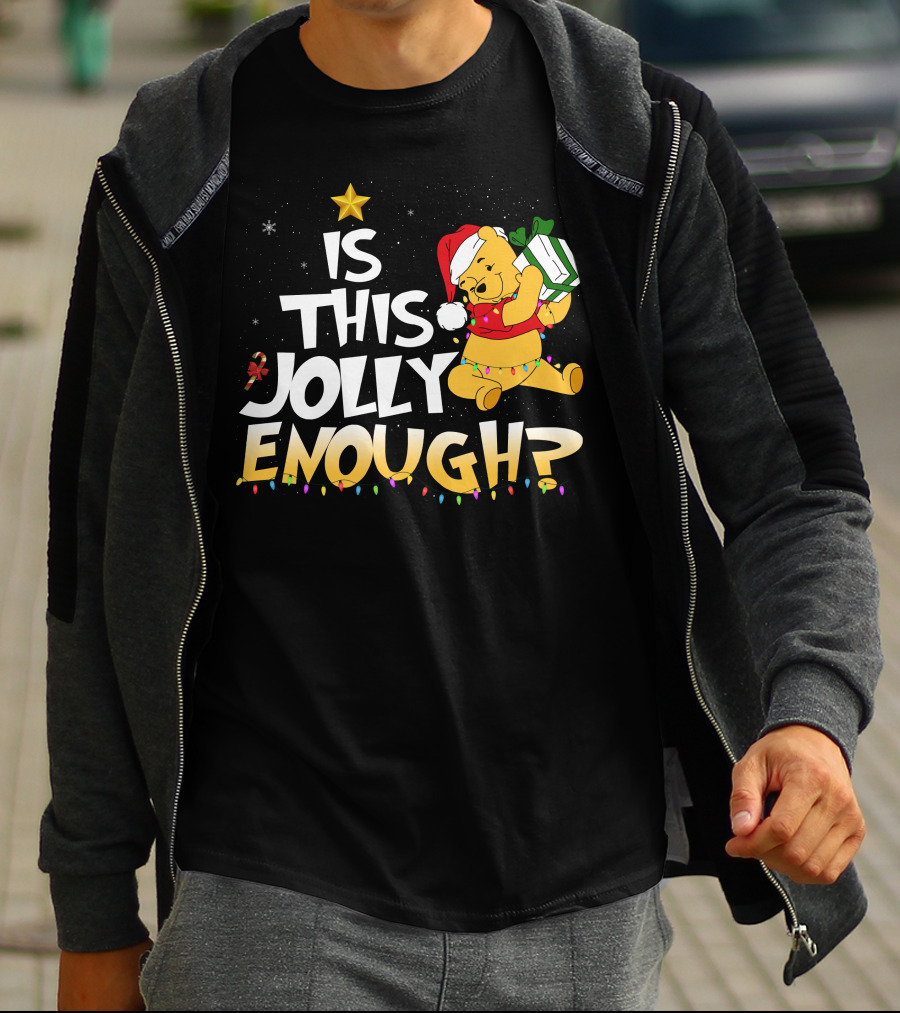 Is This Jolly Enough Pooh Bear Santa Hat Christmas Lights Gift T-Shirt