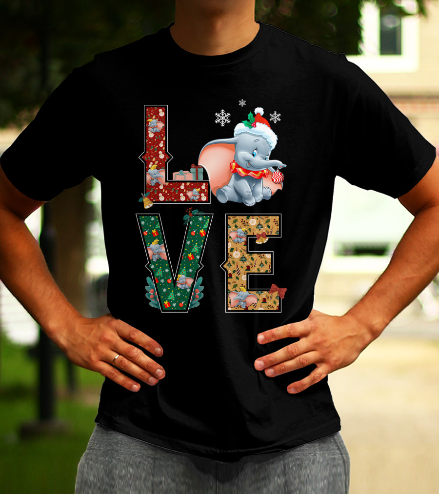 Love Dumbo Christmas Holiday Snowflakes Santa Hat Candy Cane T-Shirt