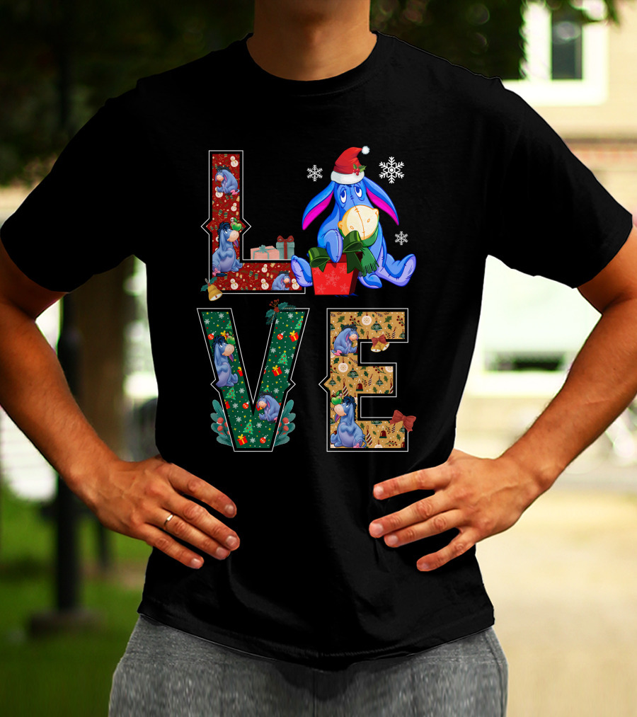 Eeyore Christmas Love Santa Hat Snowflakes T-Shirt