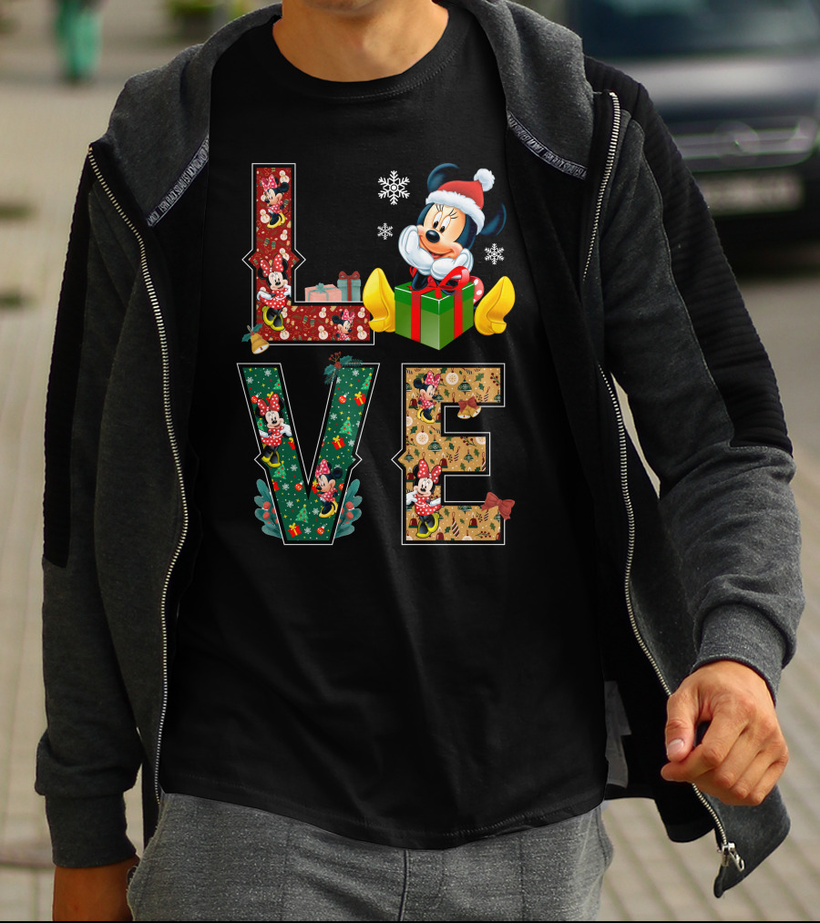 Minnie Christmas Love Santa Hat Holiday Gifts Snowflakes T-Shirt
