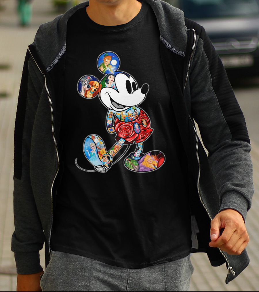 Mickey Mouse Collage Featuring Classic Disney Characters T-Shirt