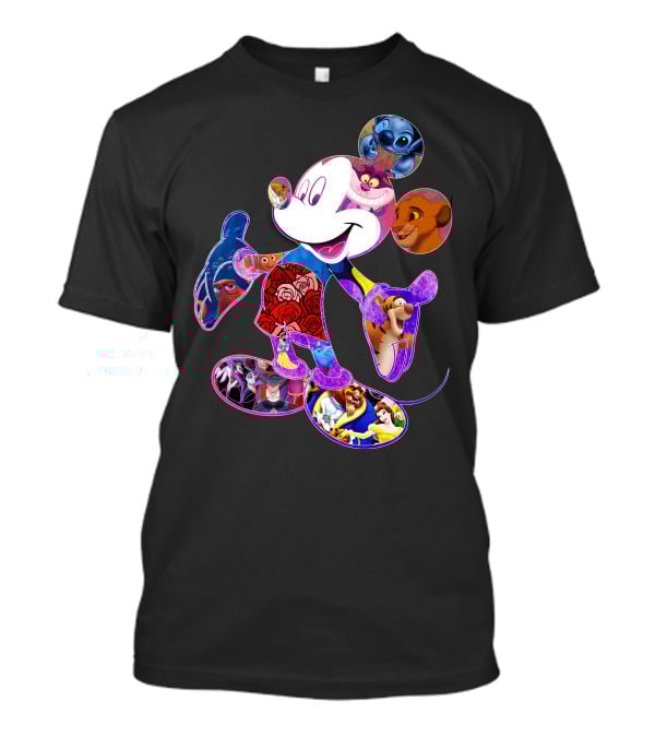 Mickey Mouse Collage Featuring Disney Characters From Lilo & Stitch The Lion King Finding Nemo Winnie The Pooh The Little Mermaid Beauty And The Beast T-Shirt