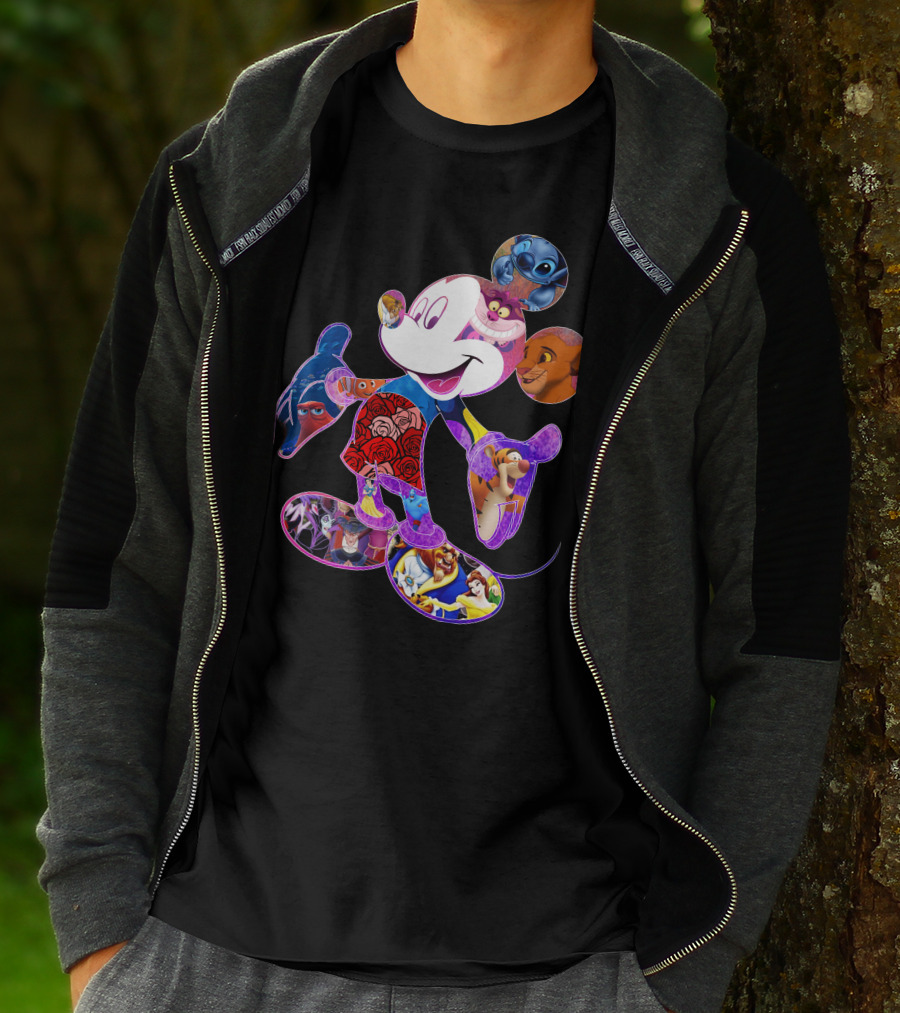 Mickey Mouse Collage Featuring Disney Characters From Lilo & Stitch The Lion King Finding Nemo Winnie The Pooh The Little Mermaid Beauty And The Beast T-Shirt