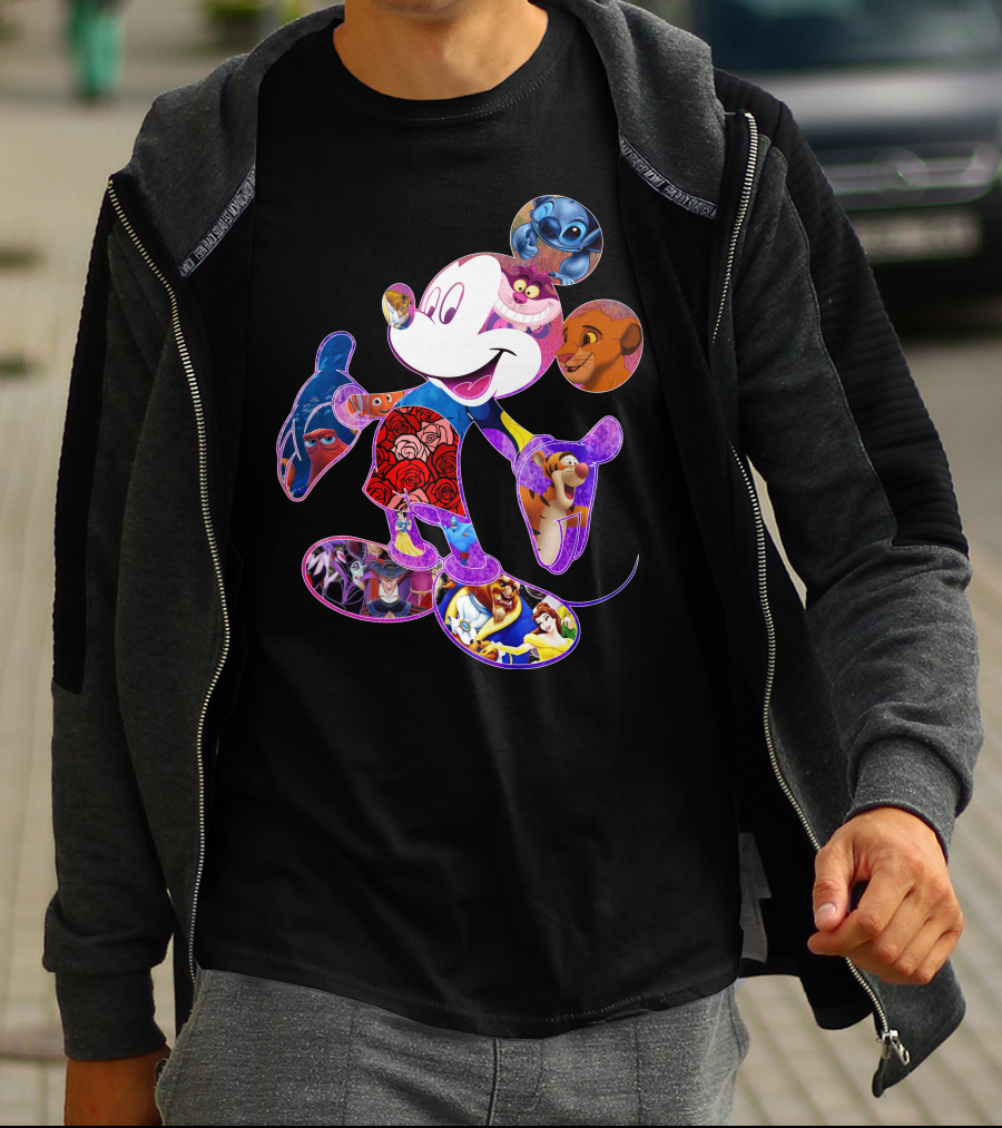 Mickey Mouse Collage Featuring Disney Characters From Lilo & Stitch The Lion King Finding Nemo Winnie The Pooh The Little Mermaid Beauty And The Beast T-Shirt