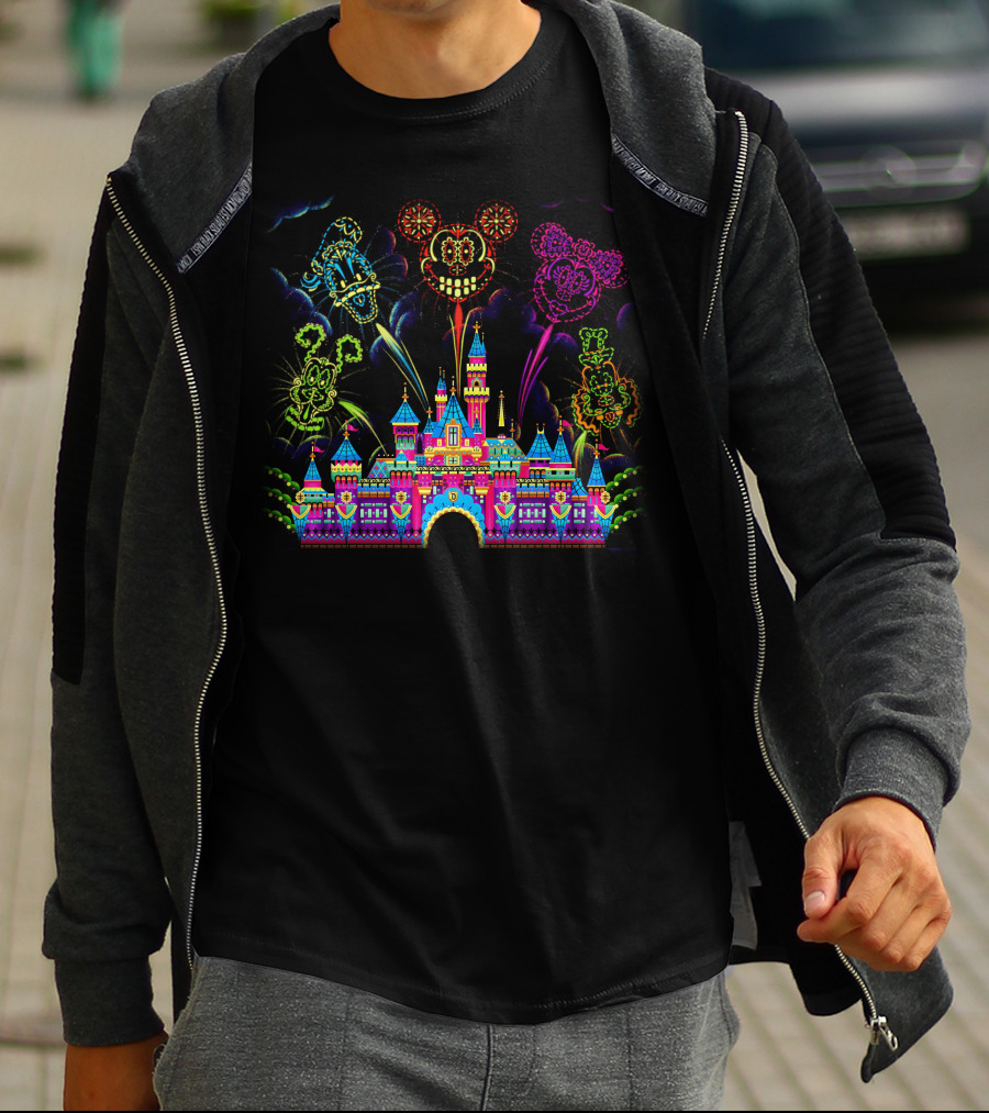 Disney Neon Fireworks Castle Mickey Minnie Goofy T-Shirt