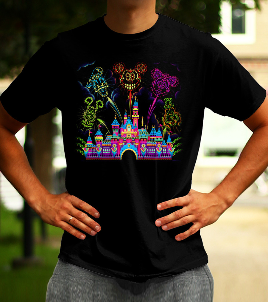Disney Neon Fireworks Castle Mickey Minnie Goofy T-Shirt