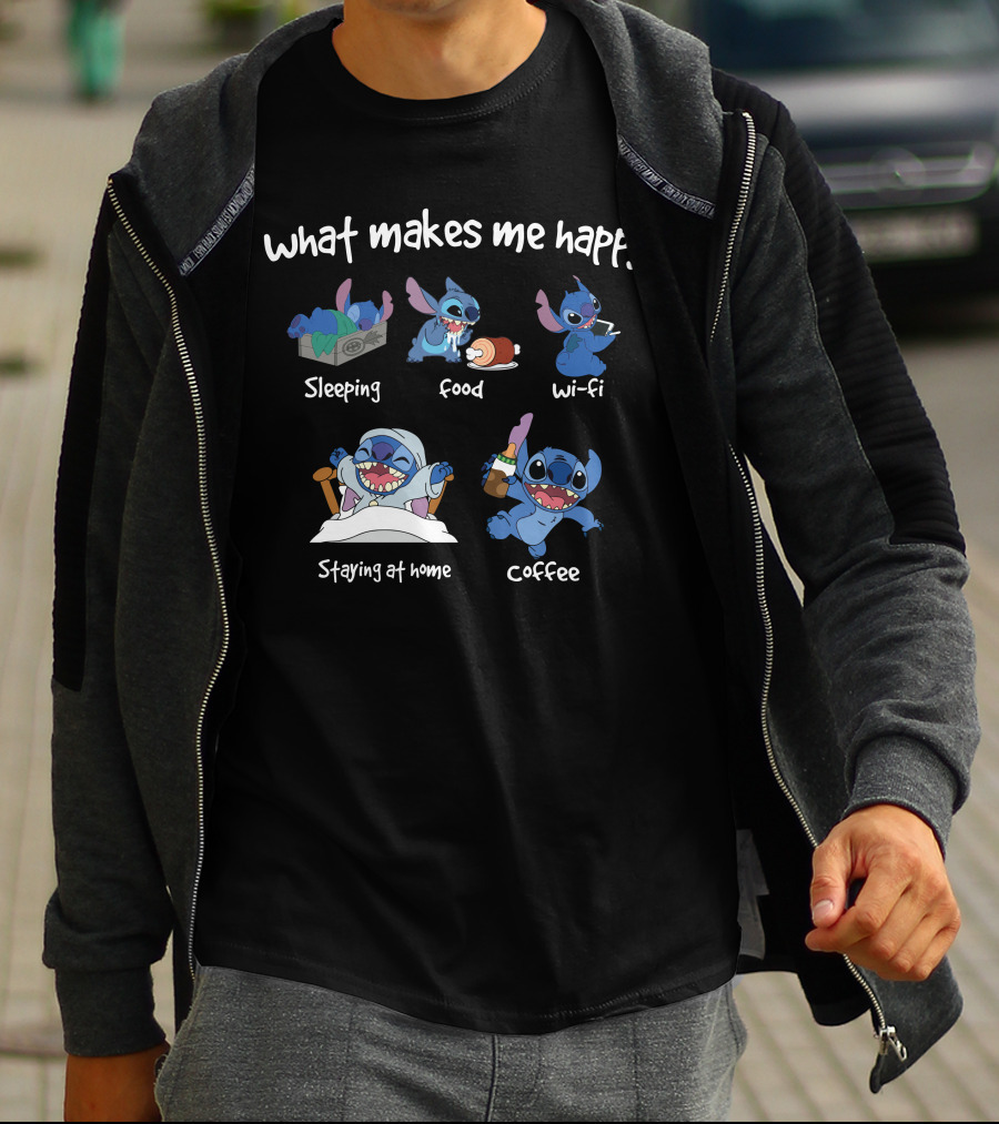 What Makes Me Happy Stitch Sleeping Food Wi-Fi Staying At Home Coffee T-Shirt