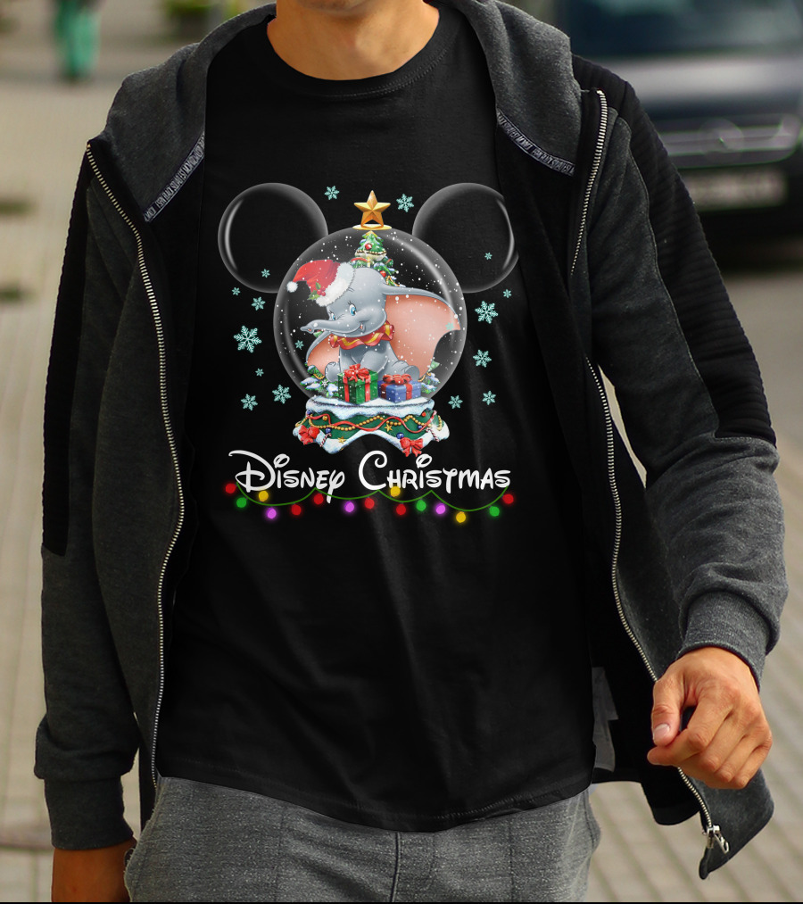 Disney Christmas Dumbo Snow Globe With Gifts And Mickey Ears T-Shirt