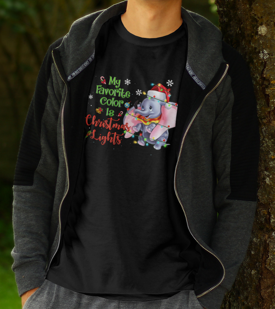 My Favorite Color Is Christmas Lights Dumbo Elephant Santa Hat Snowflakes Garland T-Shirt