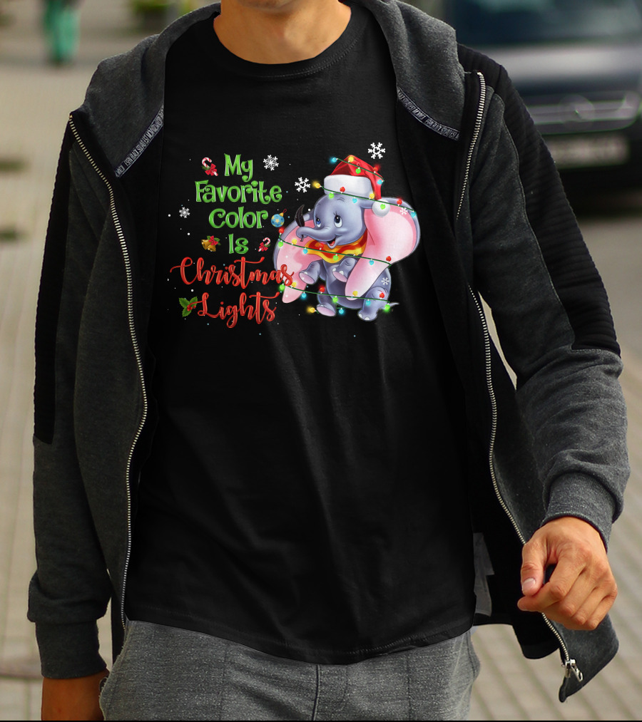 My Favorite Color Is Christmas Lights Dumbo Elephant Santa Hat Snowflakes Garland T-Shirt