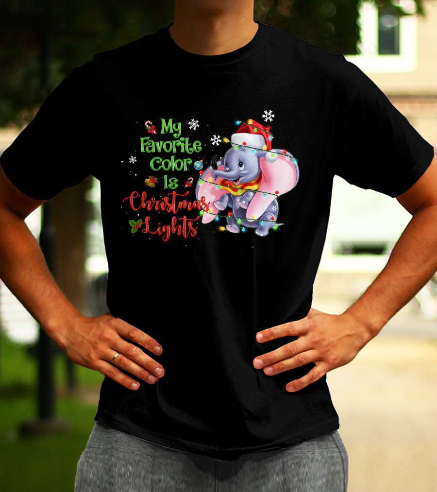 My Favorite Color Is Christmas Lights Dumbo Elephant Santa Hat Snowflakes Garland T-Shirt