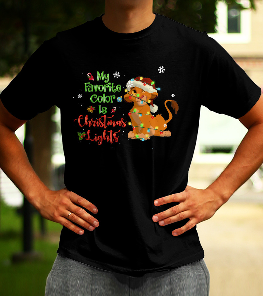 My Favorite Color Is Christmas Lights Simba Santa Hat Snowflakes T-Shirt