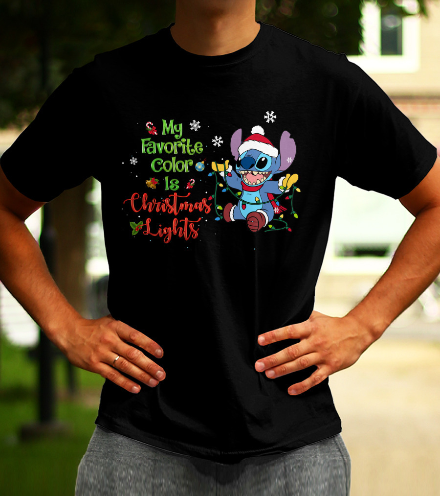 My Favorite Color Is Christmas Lights Stitch Holiday Lights Snowflakes Santa Hat T-Shirt