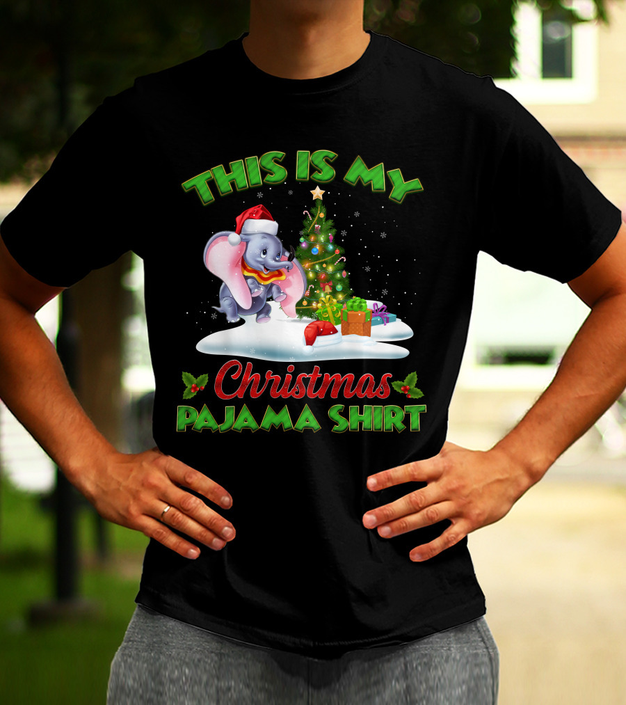 This Is My Christmas Pajama Shirt Dumbo Santa Hat Christmas Tree Presents T-Shirt