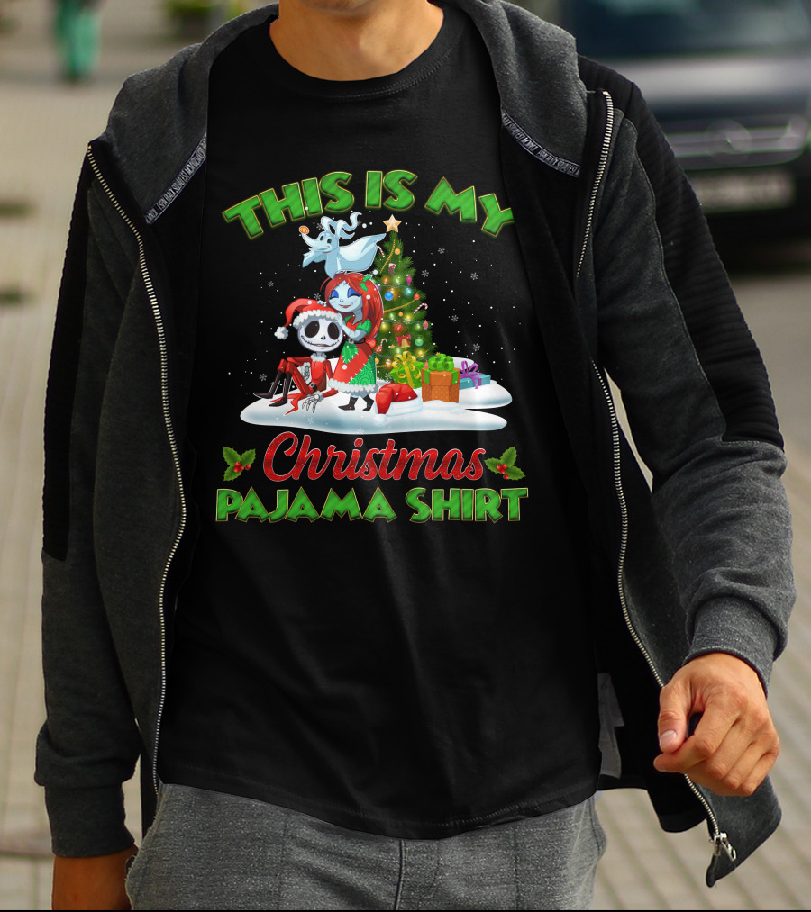 This Is My Christmas Pajama Shirt Jack Skellington And Sally Holiday Tree Scene T-Shirt