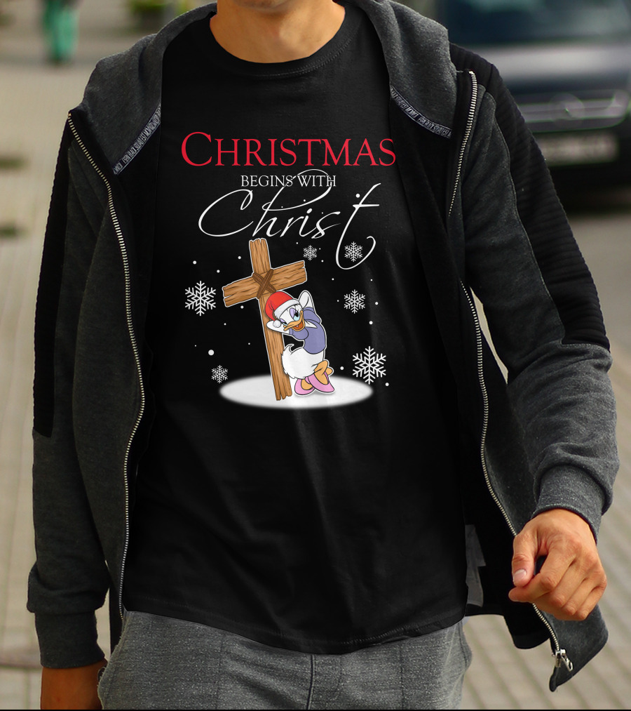 Christmas Begins With Christ Daisy With Cross And Snowflakes T-Shirt