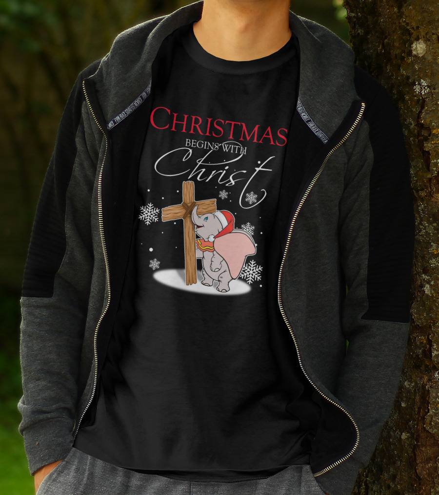 Christmas Begins With Christ Dumbo Santa Hat Cross Snowflakes T-Shirt