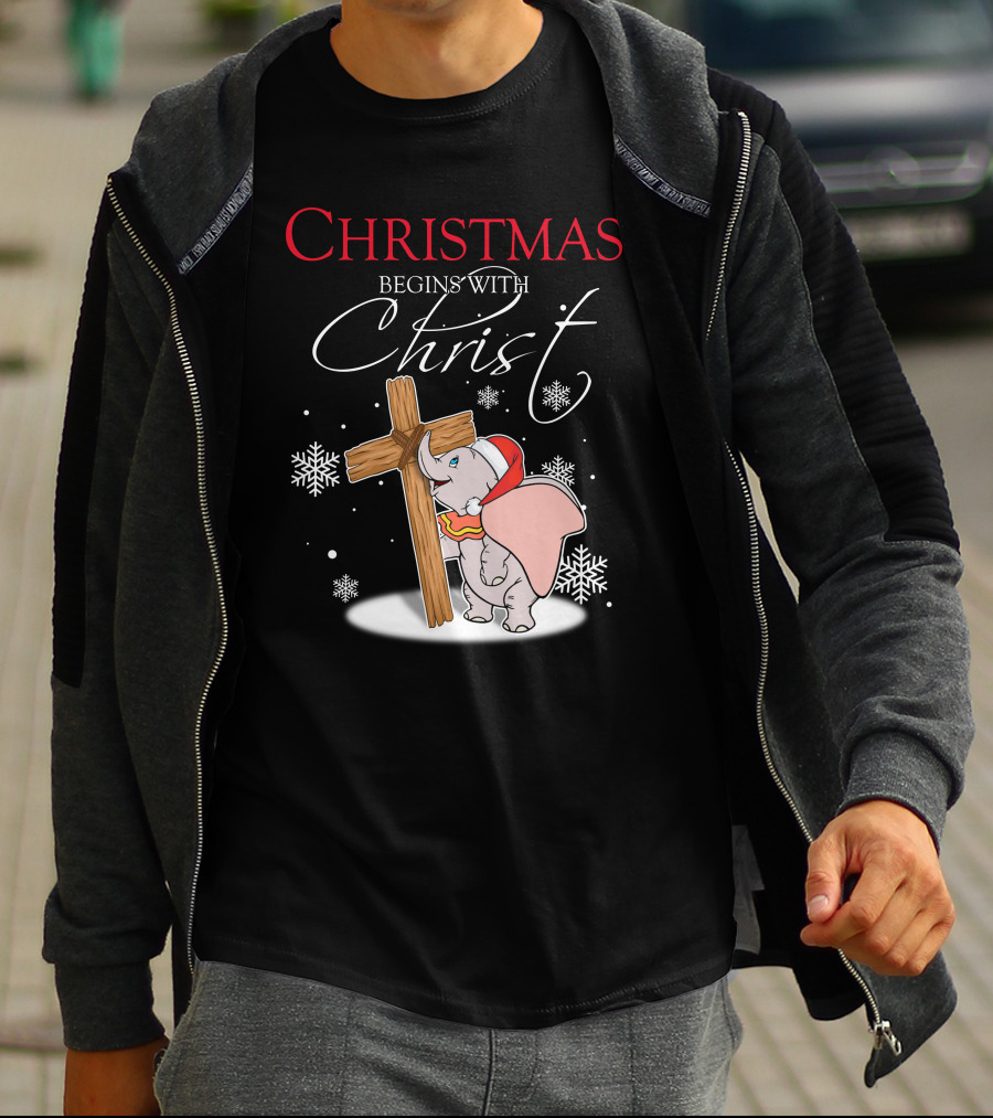 Christmas Begins With Christ Dumbo Santa Hat Cross Snowflakes T-Shirt