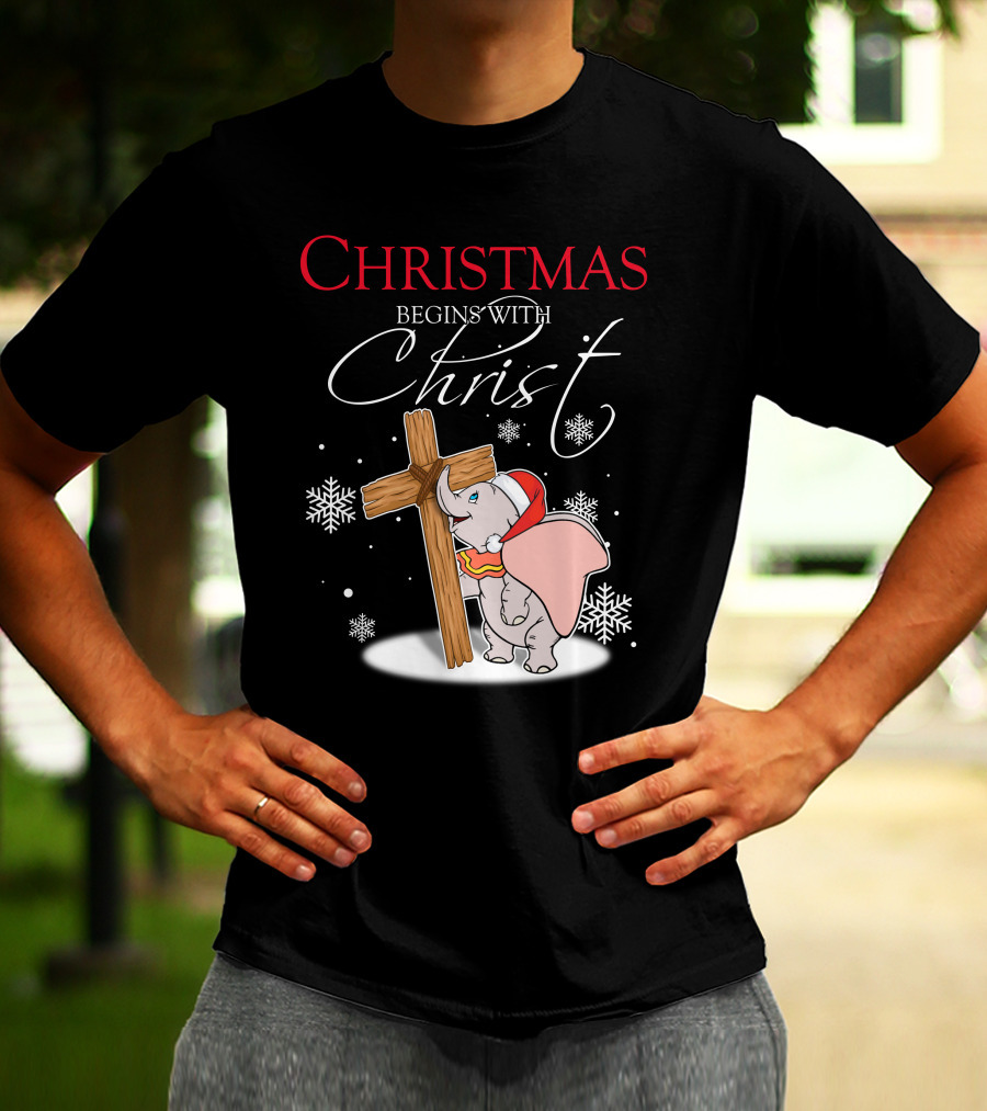 Christmas Begins With Christ Dumbo Santa Hat Cross Snowflakes T-Shirt