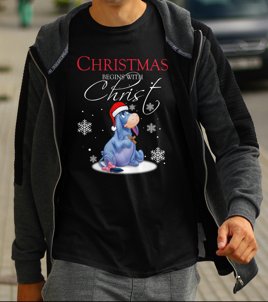 Christmas Begins With Christ Eeyore Santa Hat Snowflakes T-Shirt