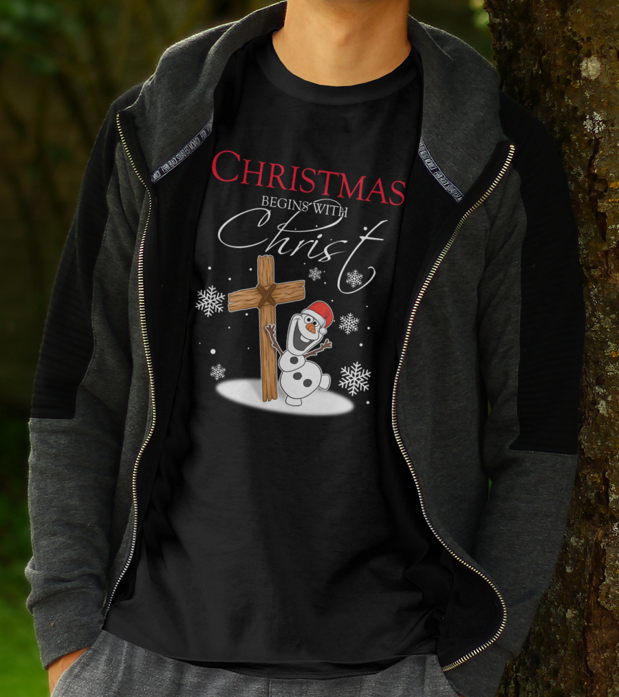 Christmas Begins With Christ Olaf Snowman And Cross T-Shirt