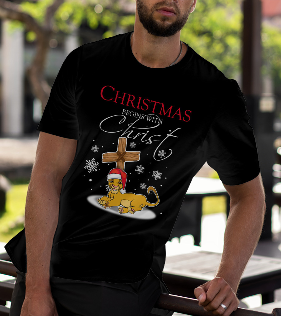Christmas Begins With Christ Simba Snowflakes Santa Hat T-Shirt