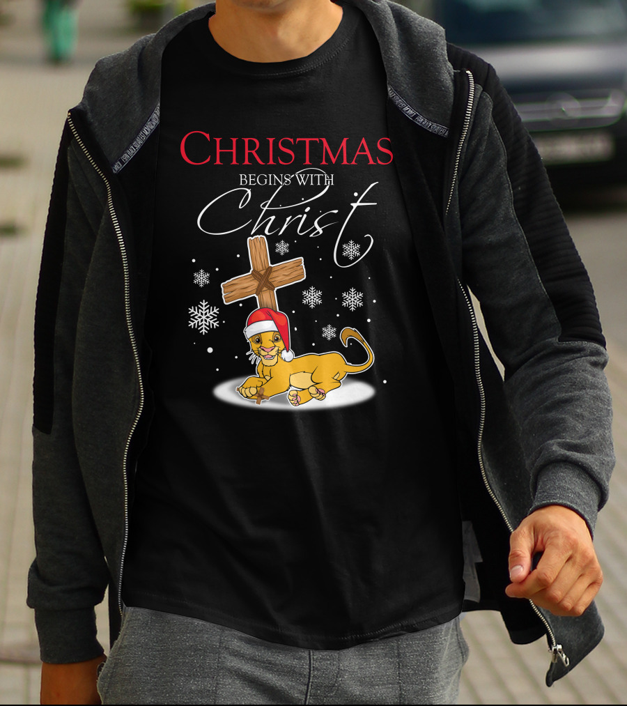 Christmas Begins With Christ Simba Snowflakes Santa Hat T-Shirt