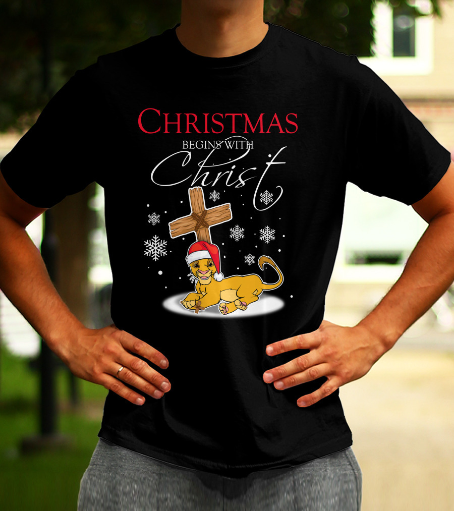 Christmas Begins With Christ Simba Snowflakes Santa Hat T-Shirt