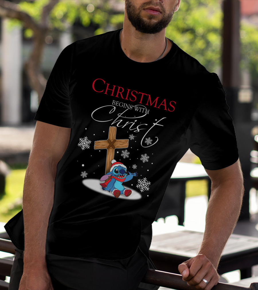 Christmas Begins With Christ Stitch Snowflakes T-Shirt