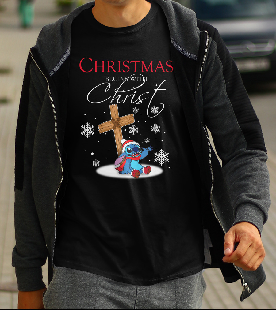 Christmas Begins With Christ Stitch Snowflakes T-Shirt