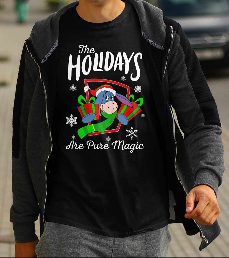 The Holidays Are Pure Magic Eeyore Wearing Santa Hat And Scarf Snowflakes And Presents T-Shirt