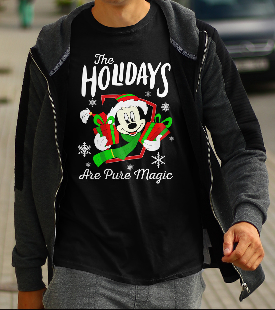 The Holidays Are Pure Magic Mickey Mouse Holding Gifts Snowflakes T-Shirt