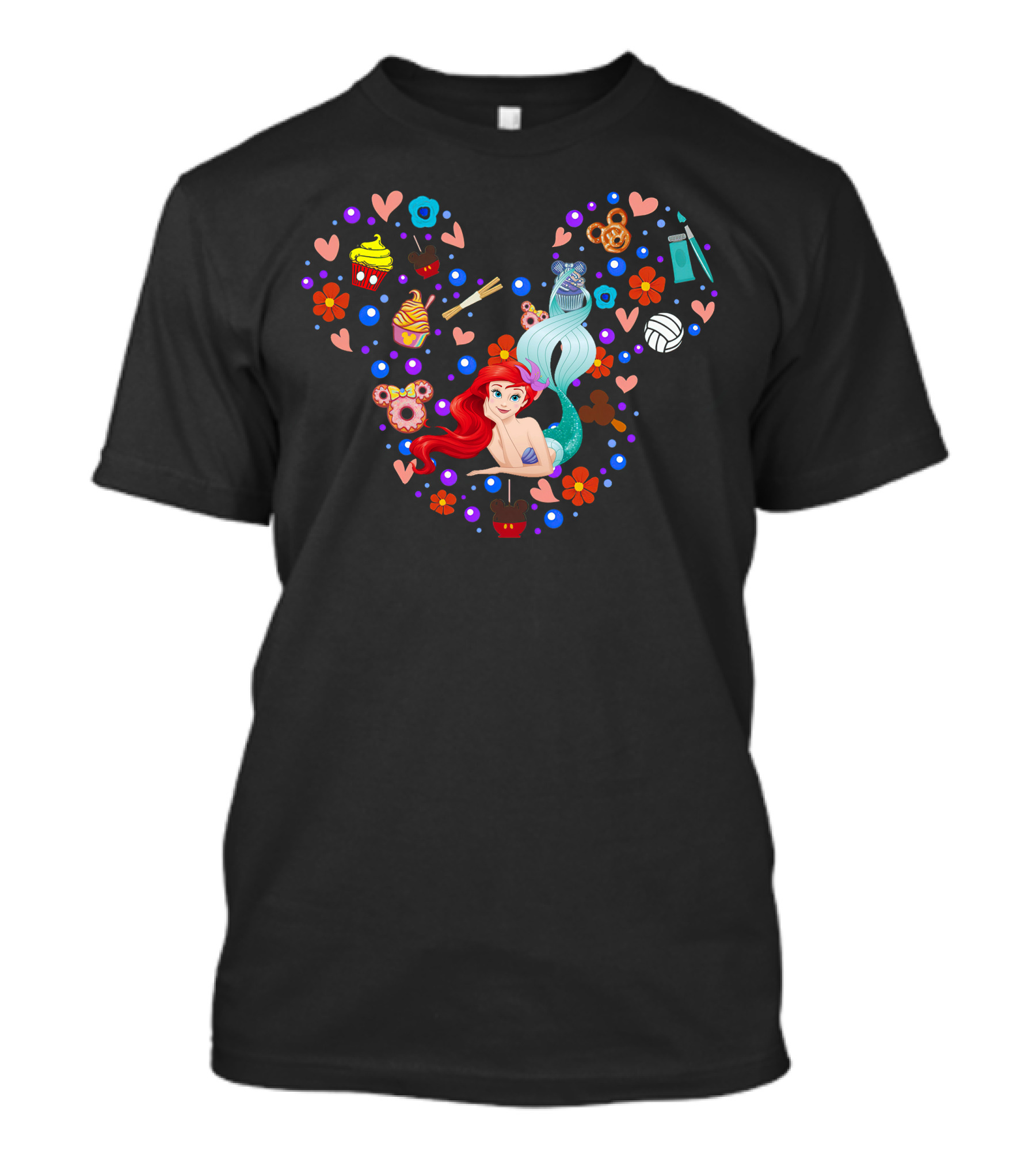 Ariel Little Mermaid Disney Happy Snacks Hearts Flowers Icons T-Shirt