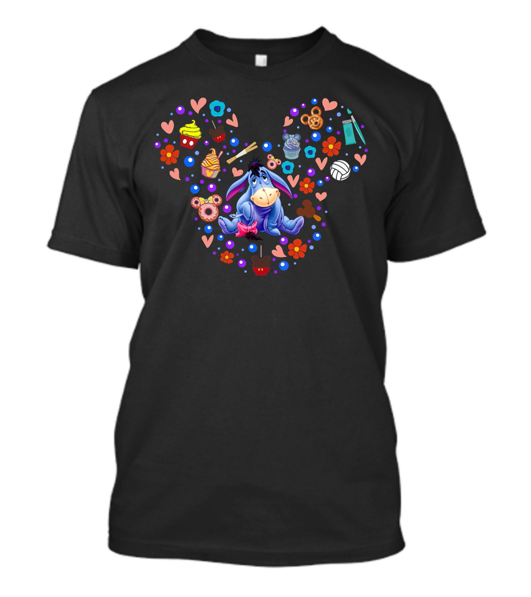 Eeyore Surrounded By Colorful Hearts And Treats In Iconic Mouse Head Shape T-Shirt