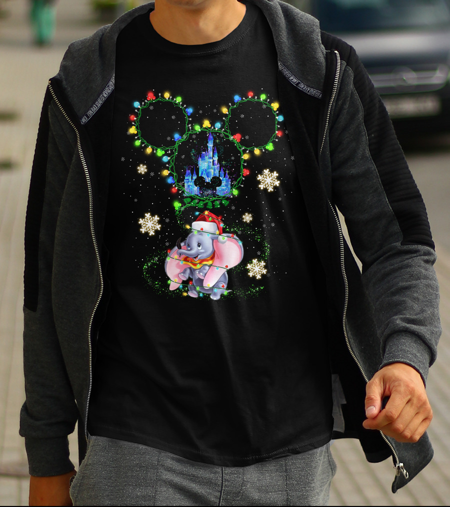 Dumbo Christmas Lights Castle Mickey Ears Snowflakes Disney Holiday T-Shirt