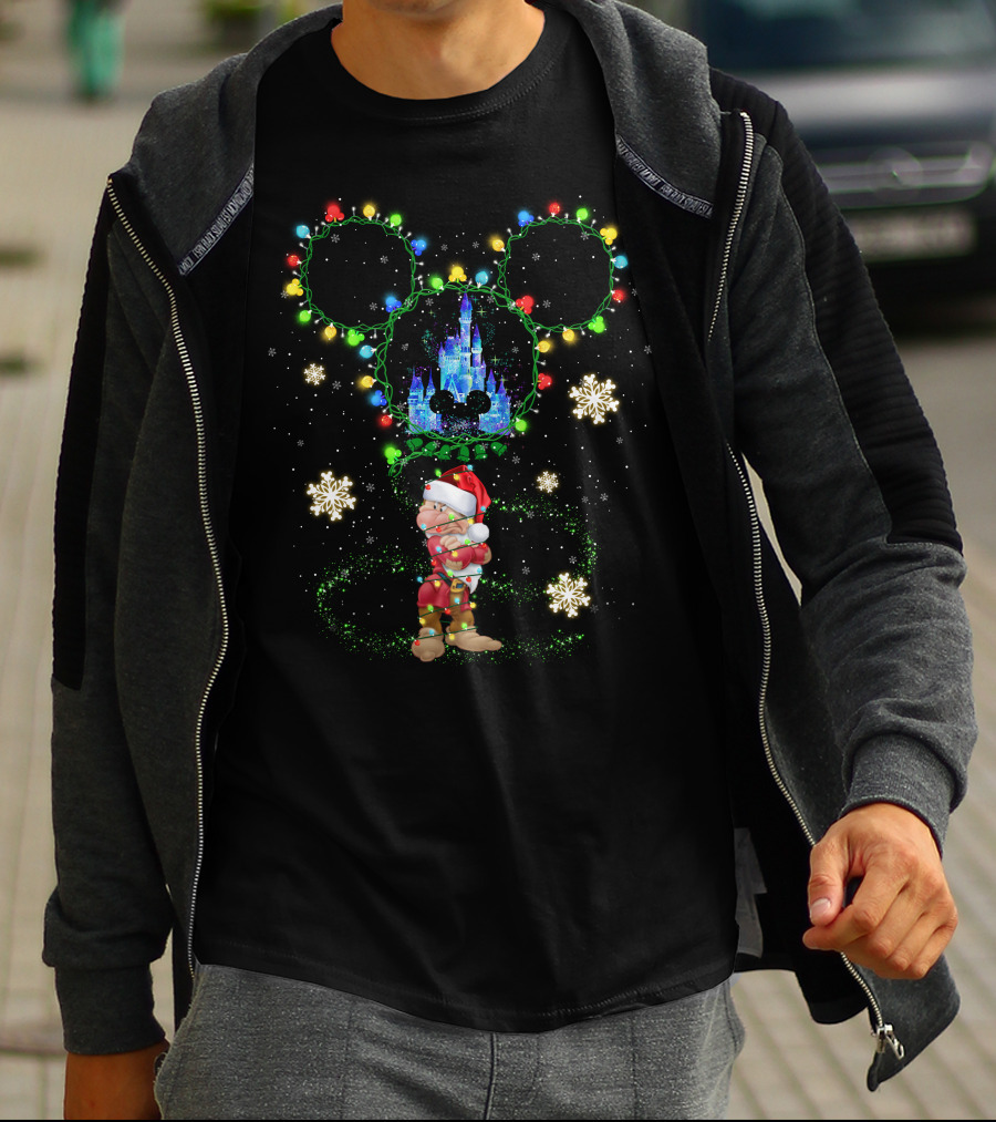 Grumpy Christmas Lights Castle And Mickey Ears Snowflakes T-Shirt