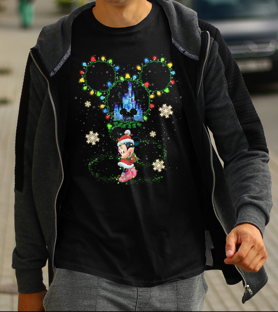 Minnie Mouse Christmas Lights And Disney Castle Holiday Scene T-Shirt