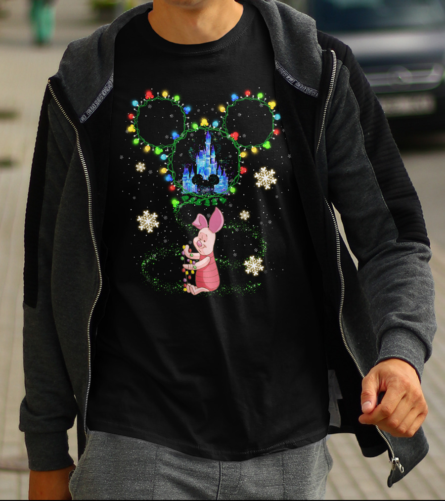 Piglet Christmas Lights Castle And Mouse Ears Snowflakes T-Shirt