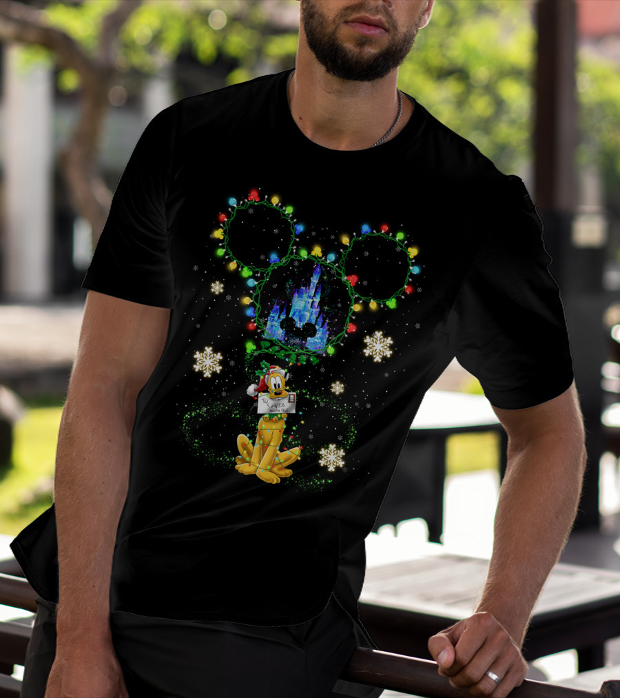 Pluto Santa Letter Mickey Ears Castle Snowflakes Christmas Lights T-Shirt