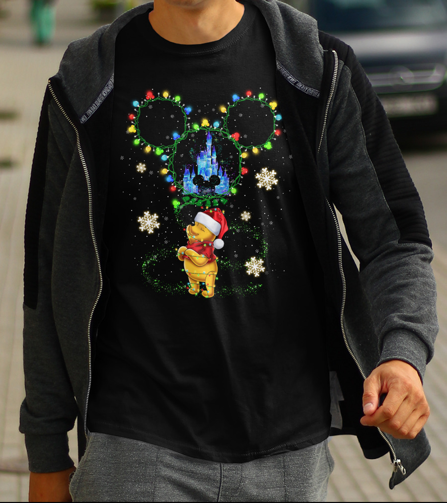 Winnie The Pooh Christmas Lights Castle Mickey Ears Snowflakes T-Shirt